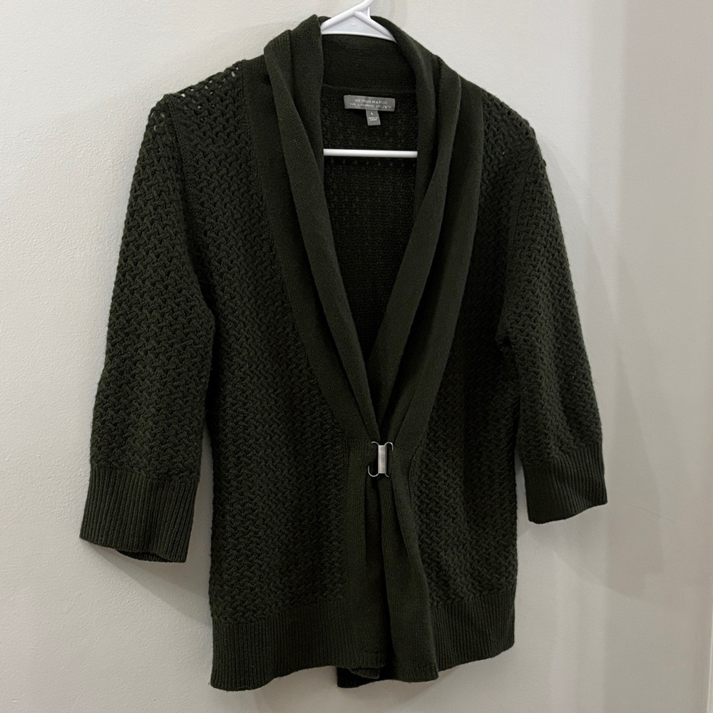 Neiman Marcus Women's Green Shawl Collar Knit Cardigan Sweater- large -cashmere